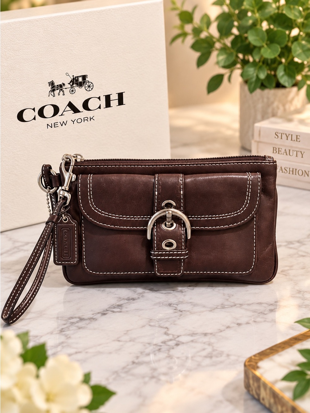 Vintage Coach Soho Brown Leather Buckle Wristlet Y2K